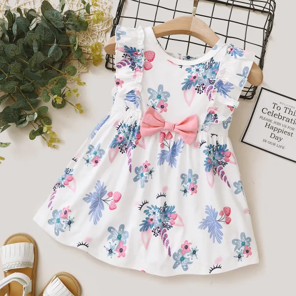 【6M-2.5Y】Girl Sweet White Flowers Round Neck Bow Ruffle Dress - Popopiestyle.com 