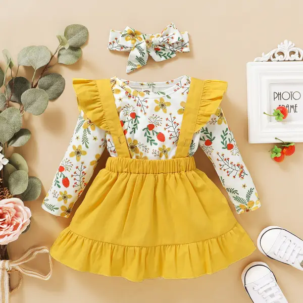 【6M-3Y】Cute Round Neck Long Sleeve Romper and Sling Skirt Set with Headband - Popopiestyle.com 