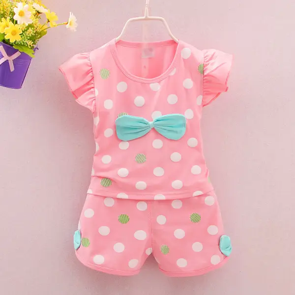 【12M-4Y】Girls Cute Sweet Polka Dot Bowknot T-Shirt And Shorts Set - Popopiestyle.com 