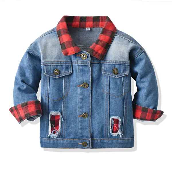 【6M-9Y】Boys Denim Red And Black Plaid Patchwork Jacket - Popopiestyle.com 