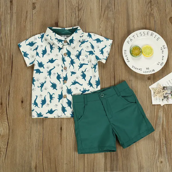 【18M-7Y】Dinosaur Print Shirt Green Shorts Set - Popopiestyle.com 