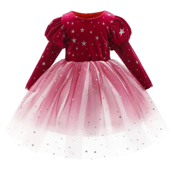 【2Y-11Y】Cute Round Neck Long Sleeve Velvet Stitching Mesh Princess Dress - Popopiestyle.com 