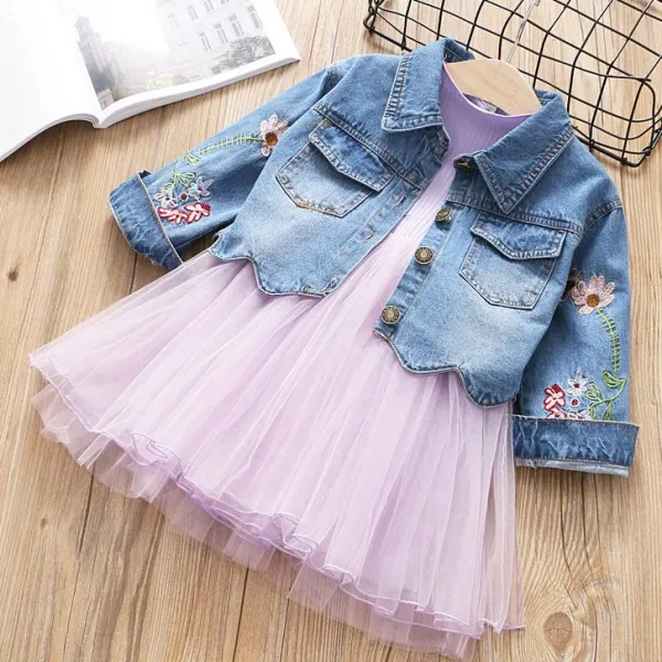 【18M-7Y】Flower Embroidered Denim Tulle Sets - Popopiestyle.com 