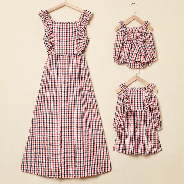 Red Off-The-Shoulder Plaid Mom Girl Baby Matching Dress - Popopiestyle.com 