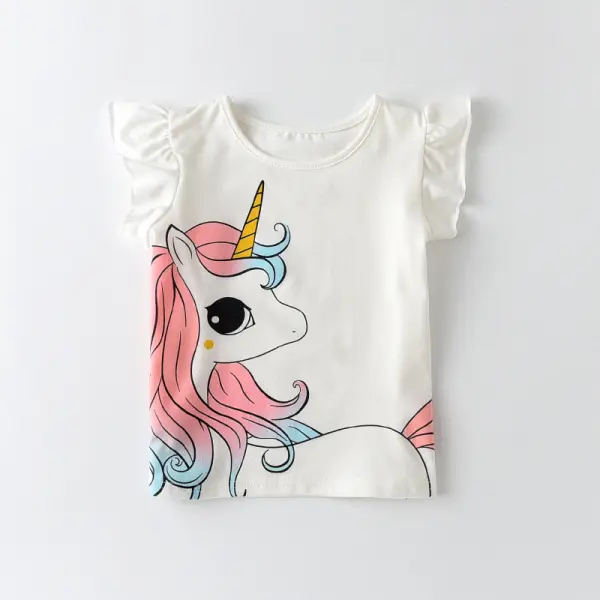 【18M-7Y】Cute Unicorn and Rainbow Print Round Neck Short Sleeve White T-Shirt - Popopiestyle.com 