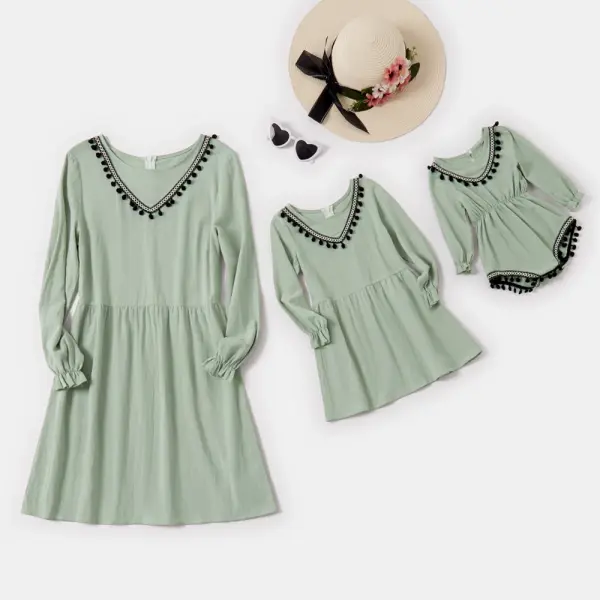 Round Neck Long Sleeves Green Mom Girl Matching Dress - 1342 - Popopiestyle.com 