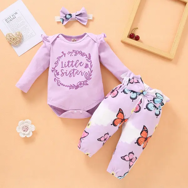 【6M-3Y】Cute Round Neck Long Sleeved Purple T-shirt and Butterfly Print Pants Set with Headband - Popopiestyle.com 