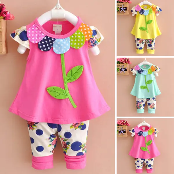 【12M-4Y】Girls Leaf Short Sleeve T-Shirt Polka Dot Flower Pants Set - 3429 - Popopiestyle.com 