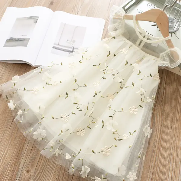 【18M-7Y】Botanical Embroidered Tulle Applique Dress - Popopiestyle.com 