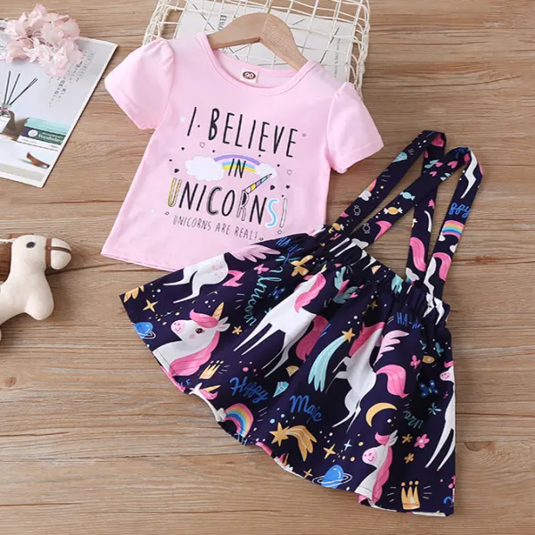 【18M-7Y】Cute Letter Printed T-shirt and Unicorn Skirt Set - Popopiestyle.com 