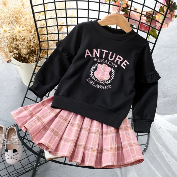 【2Y-9Y】Casual Letter Embroidered Round Neck Long Sleeved Sweatshirt And Plaid Skirt Set - Popopiestyle.com 