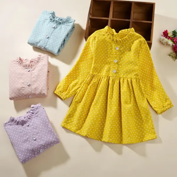 【2Y-11Y】Girl Sweet Flower Band Collar Long Sleeve Dress - Popopiestyle.com 