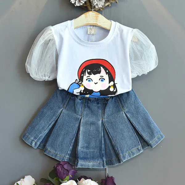 【2Y-9Y】Cute Cartoon Print Round Neck White T-shirt And Denim Skirt Set - Popopiestyle.com 