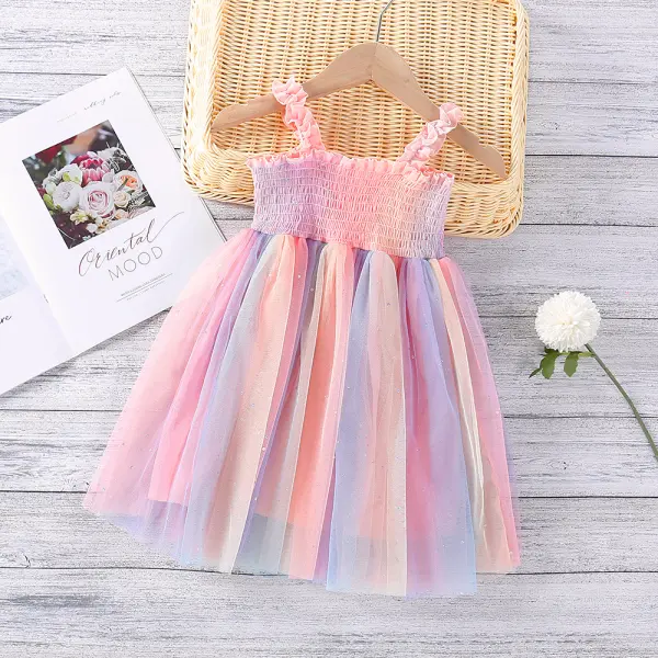 【18M-7Y】Girls Rainbow Glittering Mesh Sling Dress - Popopiestyle.com 