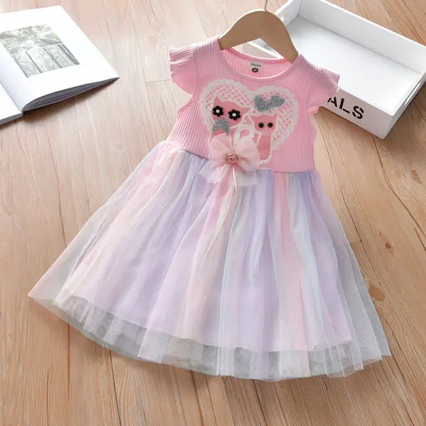 【18M-7Y】Girls Sweet Pink Cat Applique Mesh Dress - Popopiestyle.com 