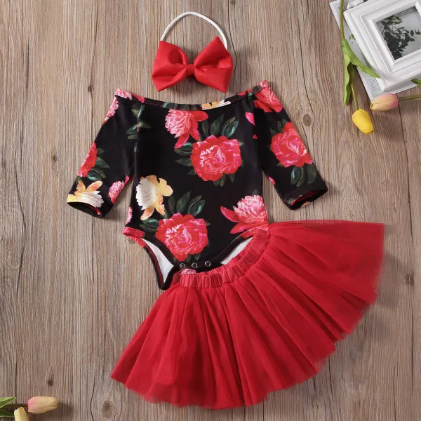 【6M-3Y】Cute Off The Shoulder Long Sleeved Red Floral Romper And Mesh Skirt Set With Headband - Popopiestyle.com 