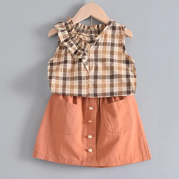 【2Y-9Y】Girl Sweet Orange Plaid Sleeveless Shirt Short Skirt Set - Popopiestyle.com 