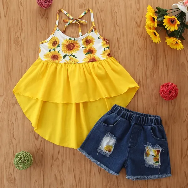 【18M-7Y】Floral Print Yellow Top and Blue Jeans Set - Popopiestyle.com 