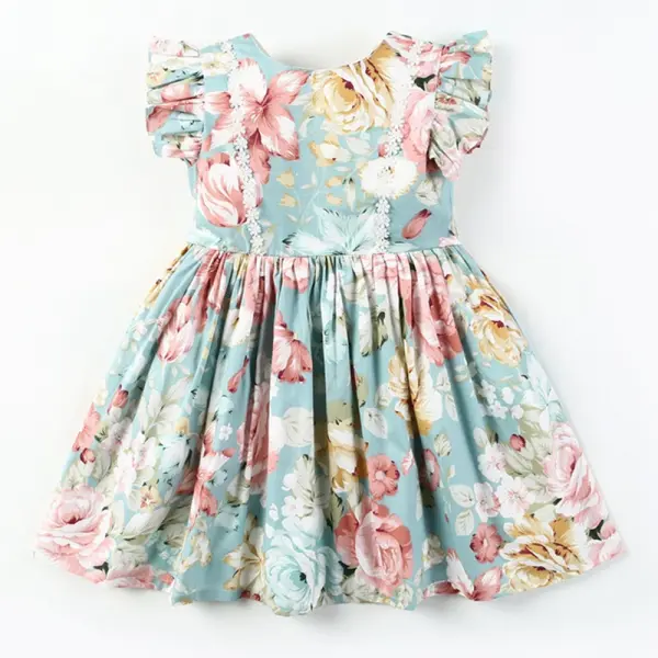 【18M-7Y】Girls Fresh Flowers Full Print Crew Neck Lace Sleeve Dress - Popopiestyle.com 