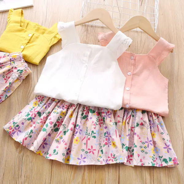 【18M-7Y】Girls Casual Sleeveless Top Flower Print Skirt Set - Popopiestyle.com 