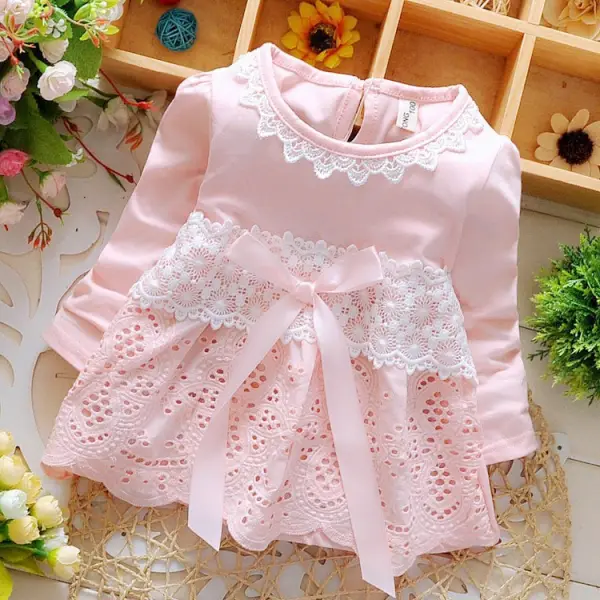 【3M-3Y】Girls Lace Hollow Bow Lace Long Sleeve Dress - Popopiestyle.com 