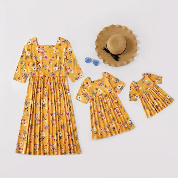 Long Sleeve Yellow Flower Print Mom Girl Dress - 1338 - Popopiestyle.com 