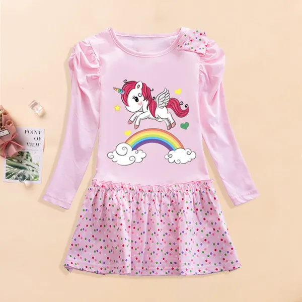 【2Y-9Y】Girl Pink Unicorn Print Color Polka Dot Dress - Popopiestyle.com 