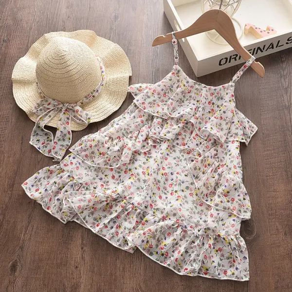 【2Y-9Y】Girls Chiffon Floral Bohemian Sling Dress With Hat - Popopiestyle.com 