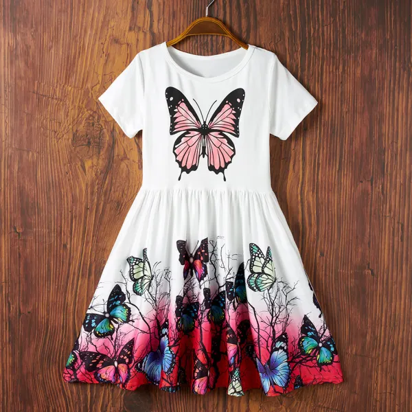 【4Y-9Y】Sweet Butterfly Print Round Neck Short Sleeve White Dress - Popopiestyle.com 