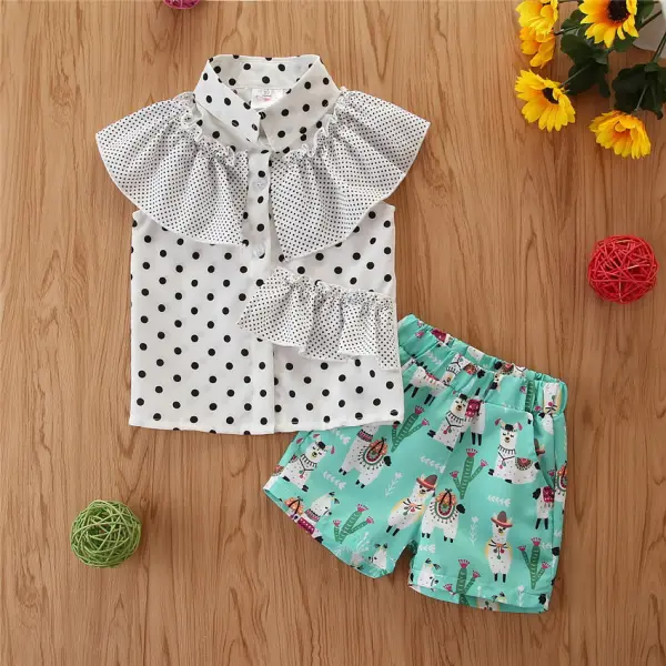 【12M-5Y】Girls Irregular Polka Dot Shirt Lamb Print Shorts Set - Popopiestyle.com 