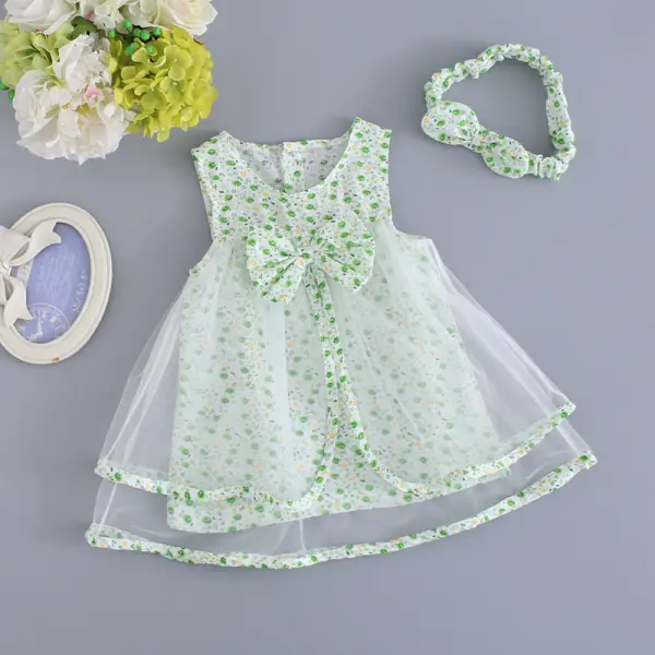 【0M-24M】Girls Fresh Sweet Bow Mesh Stitching Sleeveless Dress - Popopiestyle.com 