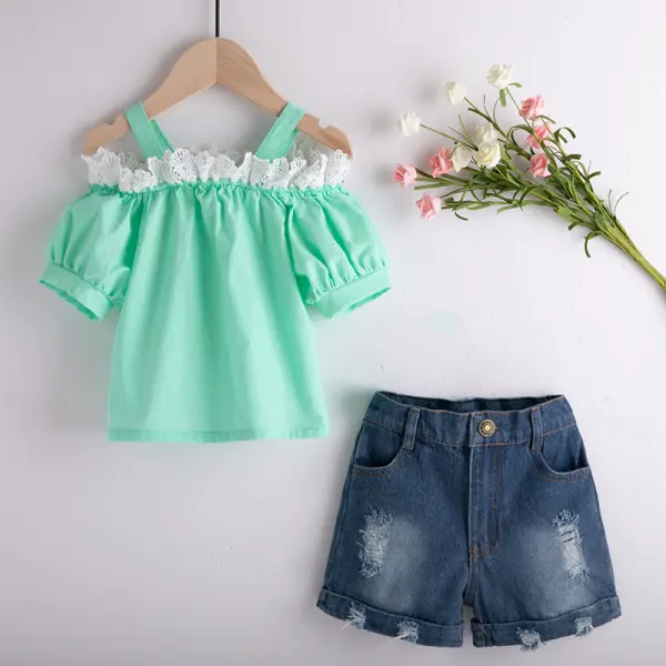 【18M-7Y】Girls Lace Camisole Short Sleeve Top Denim Shorts Set - Popopiestyle.com 