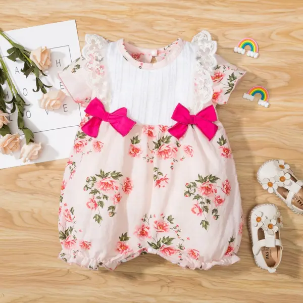 【3M-24M】Baby Girls Sweet Lace Bow Flower Print Short-sleeved Romper - Popopiestyle.com 