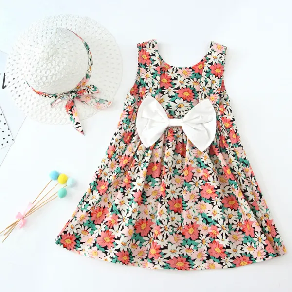 【12M-5Y】Sweet Flower Print Bow Sleeveless Dress with Hat - Popopiestyle.com 