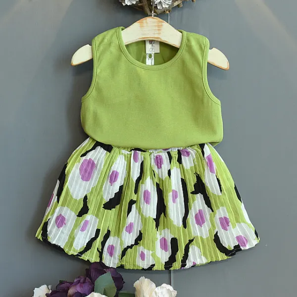 【18M-7Y】Sweet Round Neck Sleeveless Top and Floral Skirt Set - Popopiestyle.com 