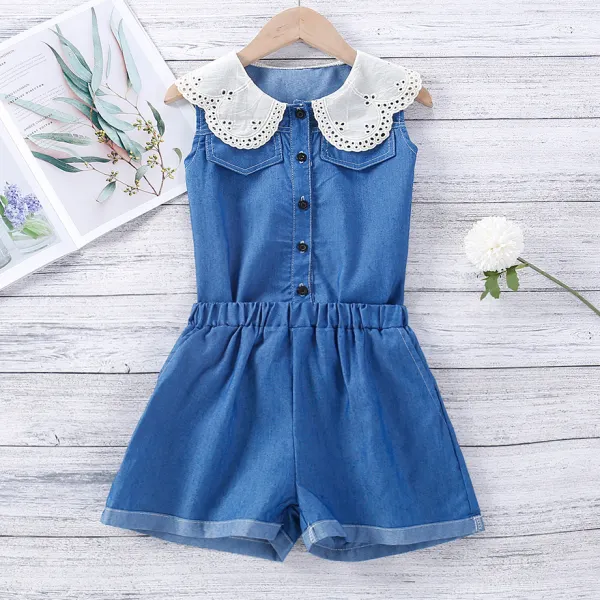 【18M-7Y】Sweet Lace Collar Sleeveless Denim Top and Shorts Sets - Popopiestyle.com 