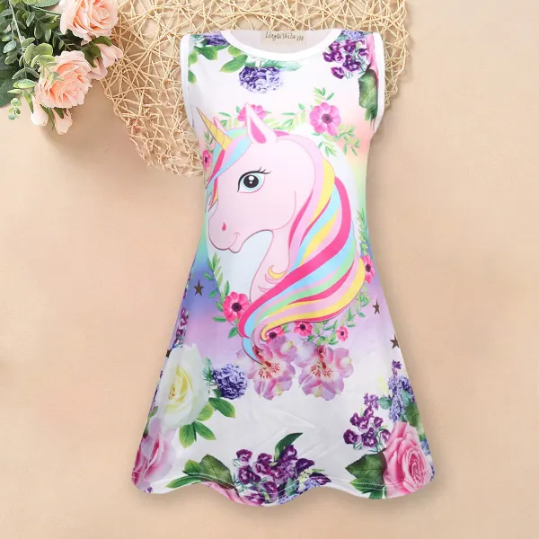 【3Y-11Y】Unicorn Print Round Neck Sleeveless Knitted Dress - Popopiestyle.com 