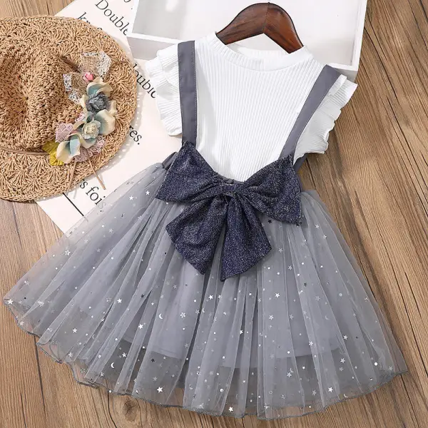 【2Y-9Y】Girls Two-Piece Dress With Bowknot And Star Net Gauze - Popopiestyle.com 