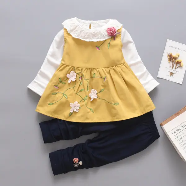 【12M-4Y】Girl Sweet Flower Embroidery T-Shirt Skirt Pant Set - Popopiestyle.com 