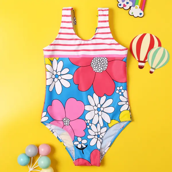 【18M-5Y】Girls Sweet Blue Flower One-piece Swimsuit - Popopiestyle.com 