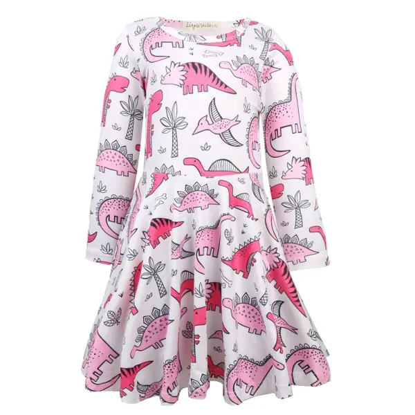 【3Y-11Y】Girls Dinosaur Print Long Sleeve Dress - Popopiestyle.com 