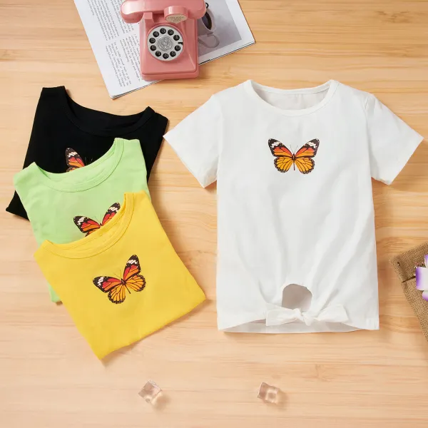 【4Y-9Y】Sweet Butterfly Print Round Neck Short Sleeve T-shirt - Popopiestyle.com 