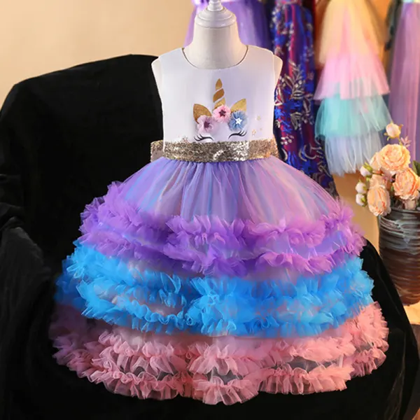 【2Y-11Y】Girls Sweet Unicorn Applique Round Neck Sleeveless Mesh Princess Dress - Popopiestyle.com 