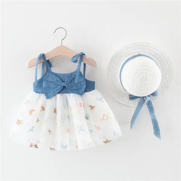 【6M-3Y】Girls Sweet Bow Denim Mesh Stitching Shoestring Strap Dress - Popopiestyle.com 