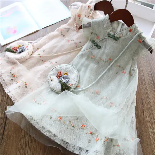 【3Y-11Y】Girls Sweet Lace Mesh Flower Embroidery Dress With Bag - Popopiestyle.com 