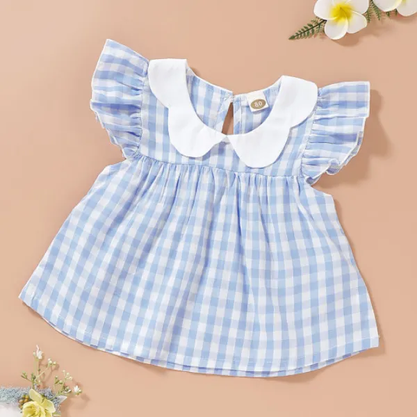 【6M-2.5Y】Cute Petal Collar Blue Plaid Short Sleeve Dress - Popopiestyle.com 