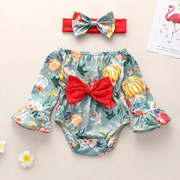 【6M-3Y】Cute Printed Off The Shoulder Long Sleeved Romper With Headband - Popopiestyle.com 