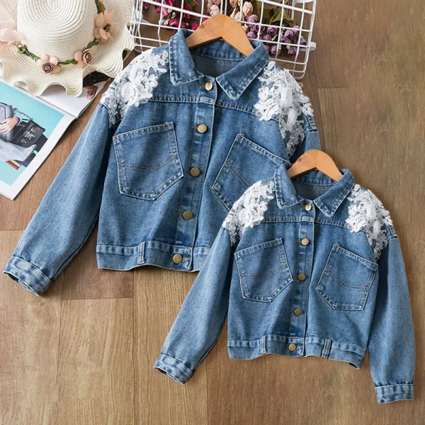 Fashion Lace Applique Denim Jacket Mom Girl Matching Jacket - Popopiestyle.com 