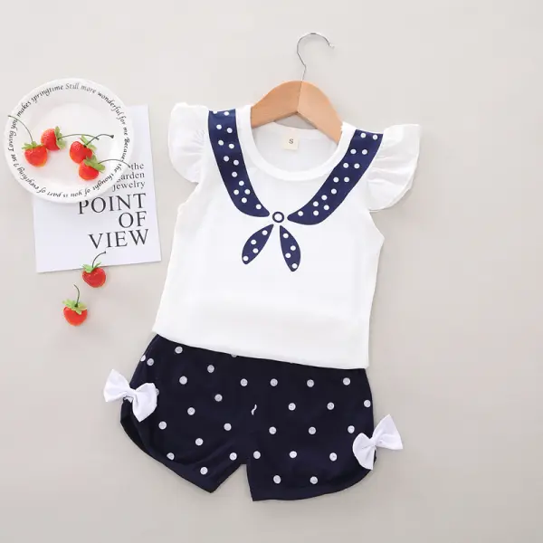 【12M-4Y】Girls Fake Sailor Collar Top Polka Dot Shorts Set - Popopiestyle.com 