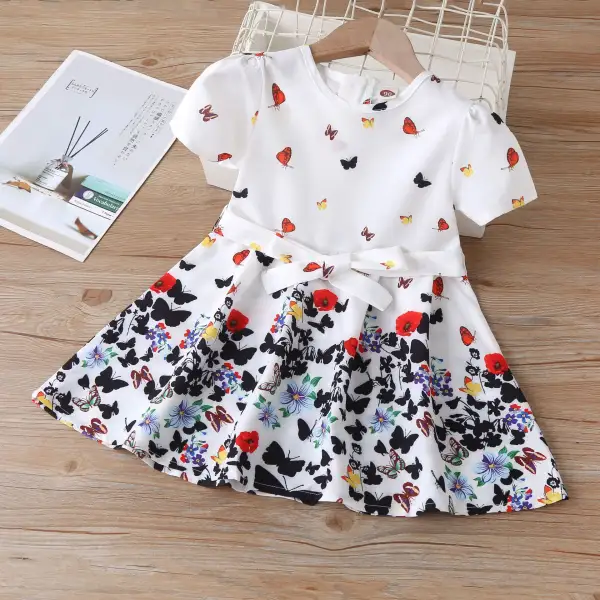 【18M-7Y】Girls Short Sleeve Butterfly Print Dress - Popopiestyle.com 